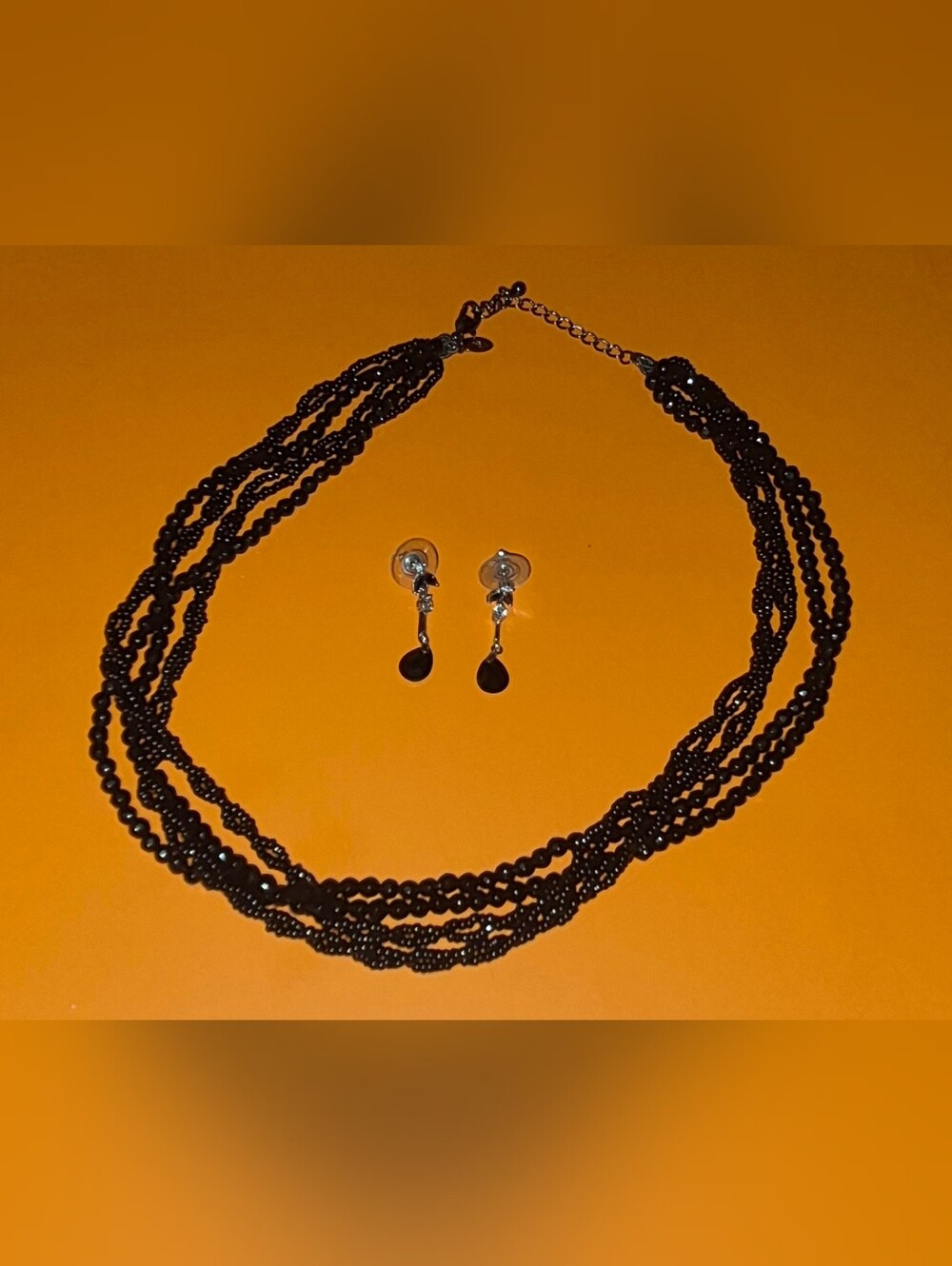Black Beaded Multi-Strand Necklace with Drop Earrings